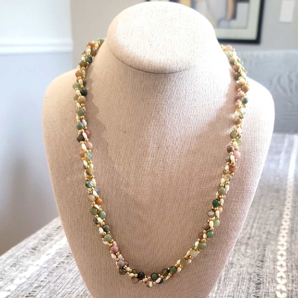 Gorgeous Natural Rice Pearl With Multicolor And Jade Beads Necklace